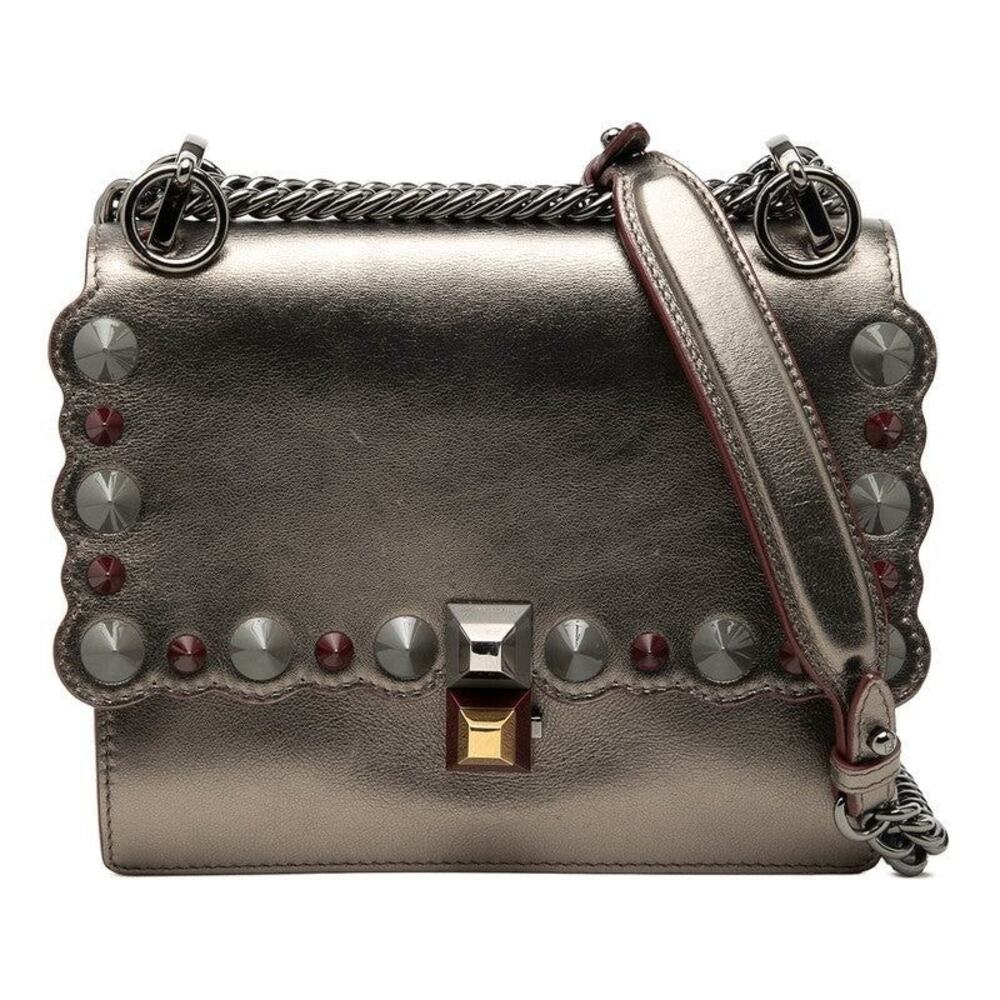 Fendi Kan I Studded Leather Shoulder Bag Silver